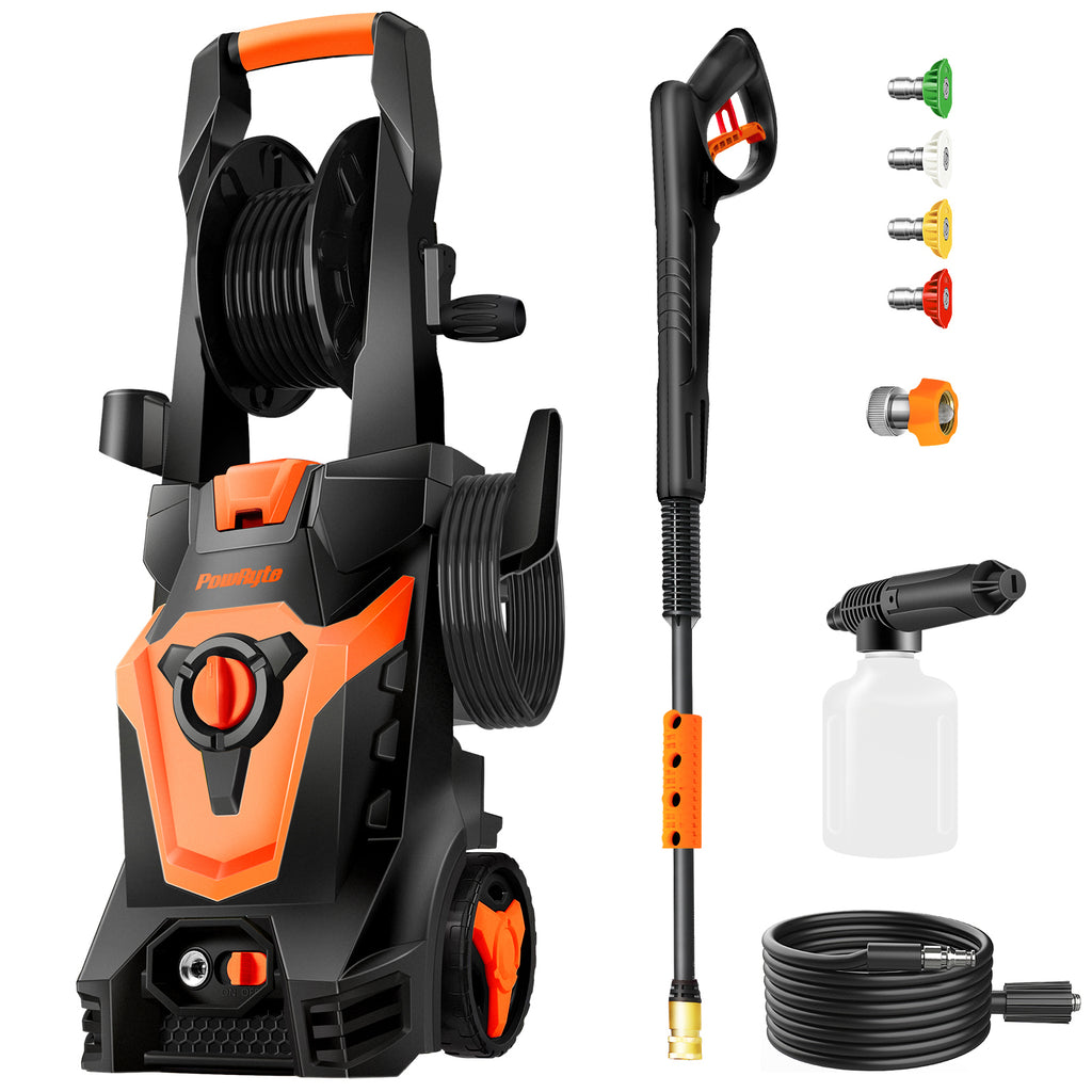 PowRyte Electric Pressure Washer with Hose Reel, Foam Cannon, 4 Different Pressure Tips, Power Washer, 1410 PSI