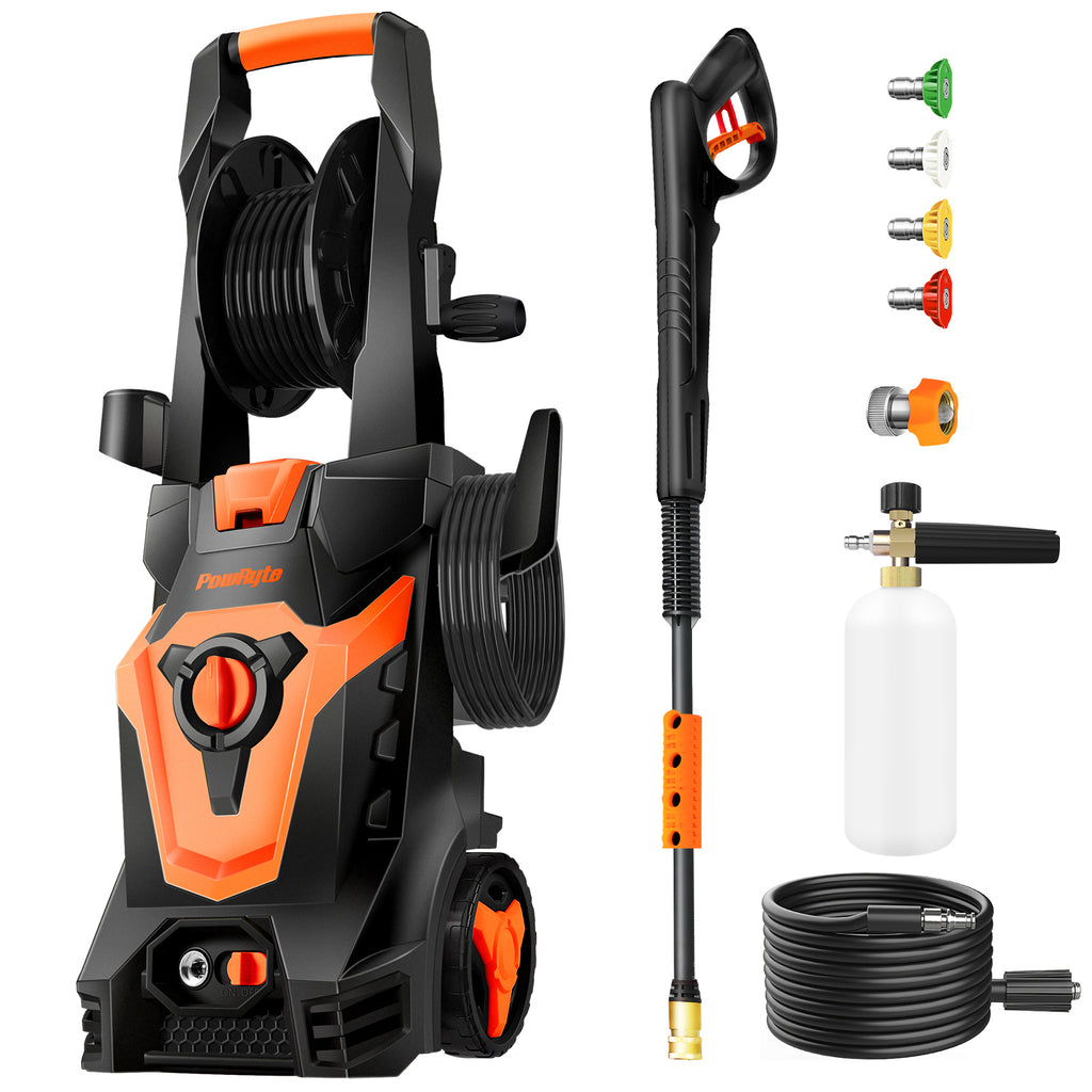PowRyte Electric Pressure Washer with Hose Reel, Brass Foam Cannon, 4 Different Pressure Tips, Power Washer, 1700 PSI
